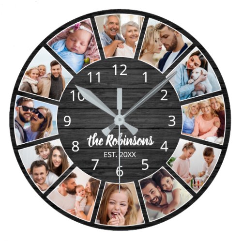 Personalized Photo Collage Black Wood Family Large Clock