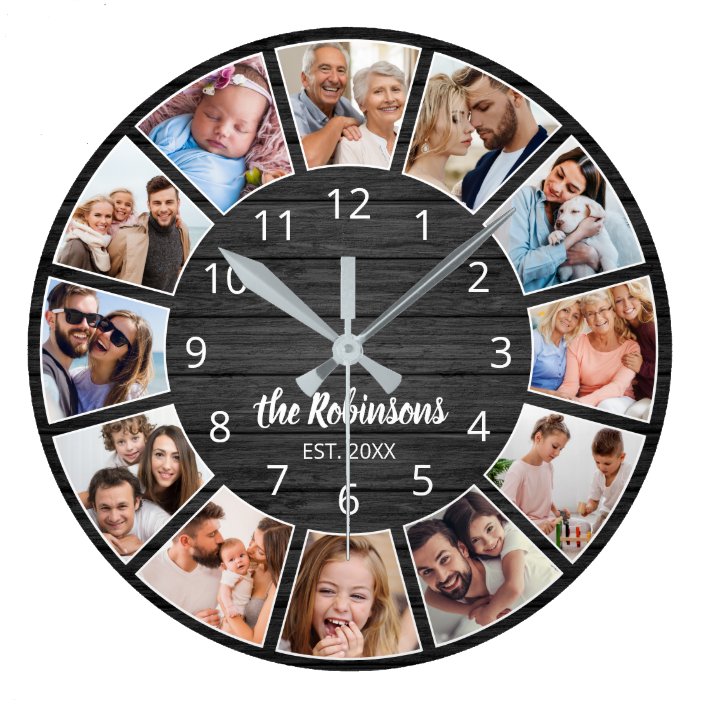 Personalized Photo Collage Black Wood Family Large Clock | Zazzle