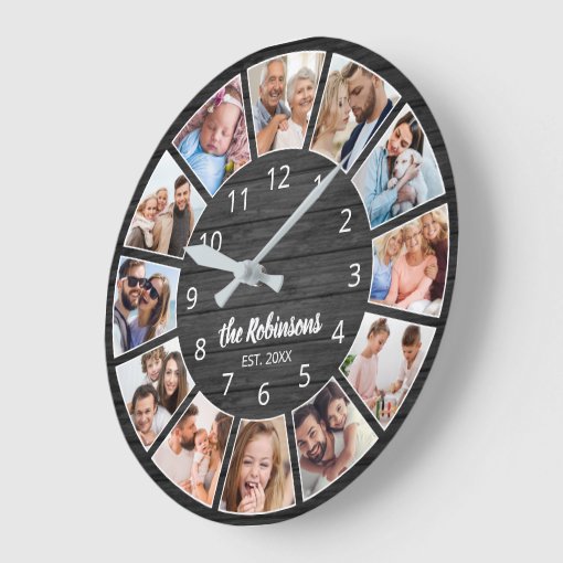 Personalized Photo Collage Black Wood Family Large Clock | Zazzle