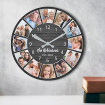 Personalized Photo Collage Black Wood Family Round Clock