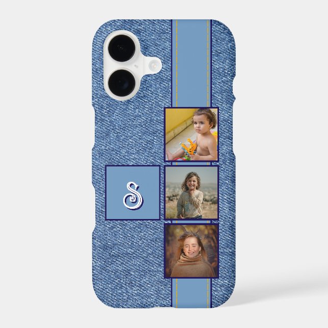 Personalized Photo Collage Blue Denim Texture Case-Mate iPhone Case (Back)