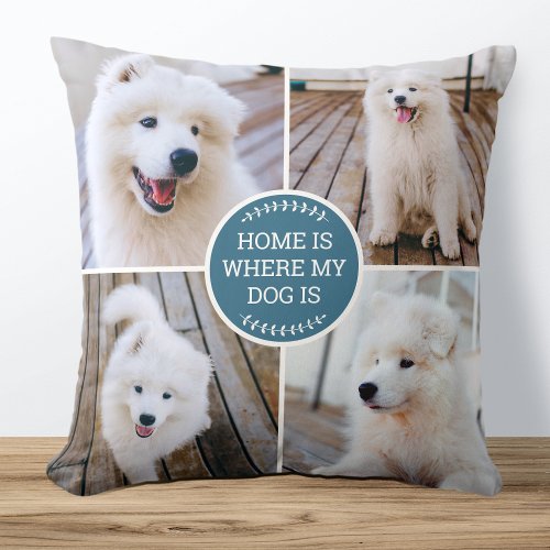 Personalized Photo Collage Custom Color Dog Blue Throw Pillow