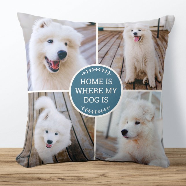 Personalized Photo Collage Custom Color Dog Blue Throw Pillow (Creator Uploaded)