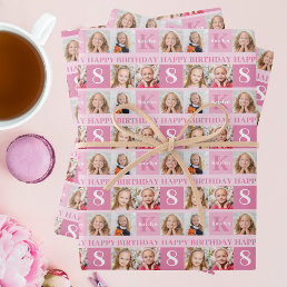Personalized Photo Collage Cute Pink Girl Birthday Wrapping Paper Sheets