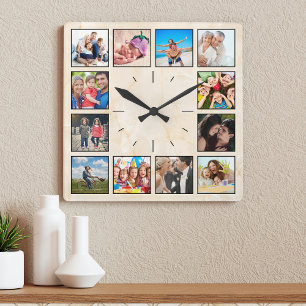 Personalized Photo Collage Elegant Beige Marble Square Wall Clock