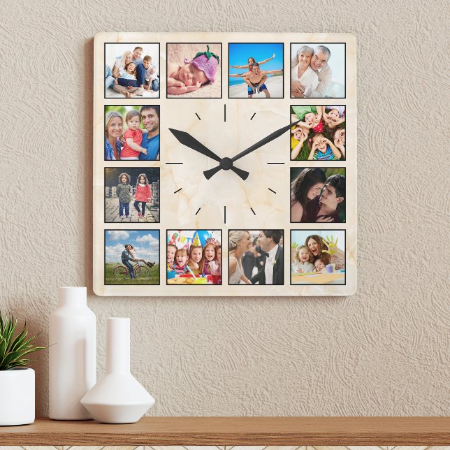 Personalized Photo Collage Elegant Beige Marble Square Wall Clock (Creator Uploaded)