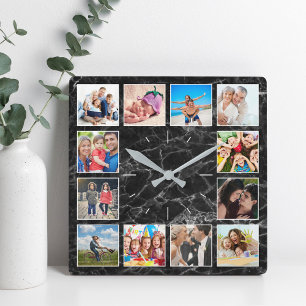 Personalized Photo Collage Elegant Black Marble Square Wall Clock