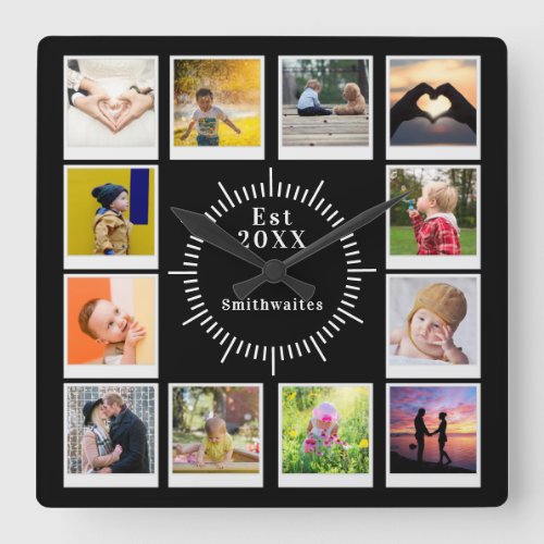 Personalized Photo Collage Family Modern Elegant Square Wall Clock