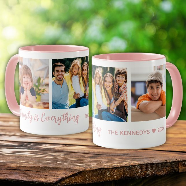 Personalized Photo Collage Family Name Quote Pink  Mug (Creator Uploaded)