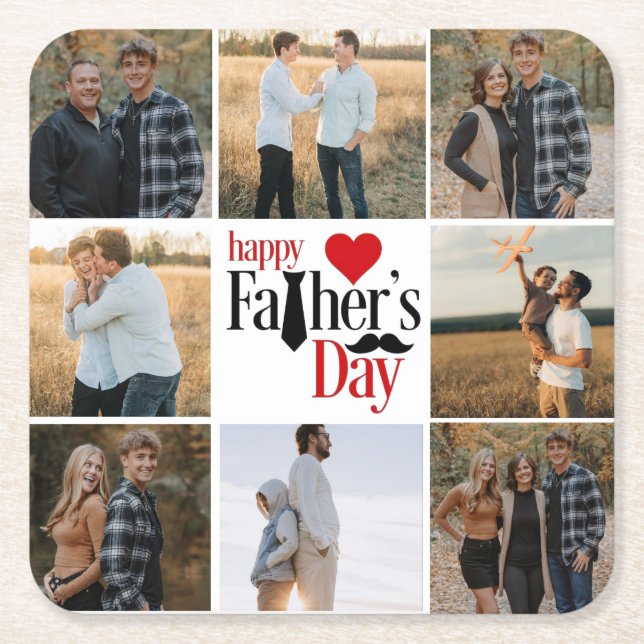  Personalized Photo Collage "Happy Father's Day" P Square Paper Coaster (Front)