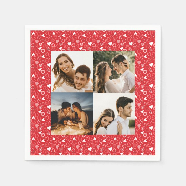 Personalized photo collage hearts pattern red napkins (Front)