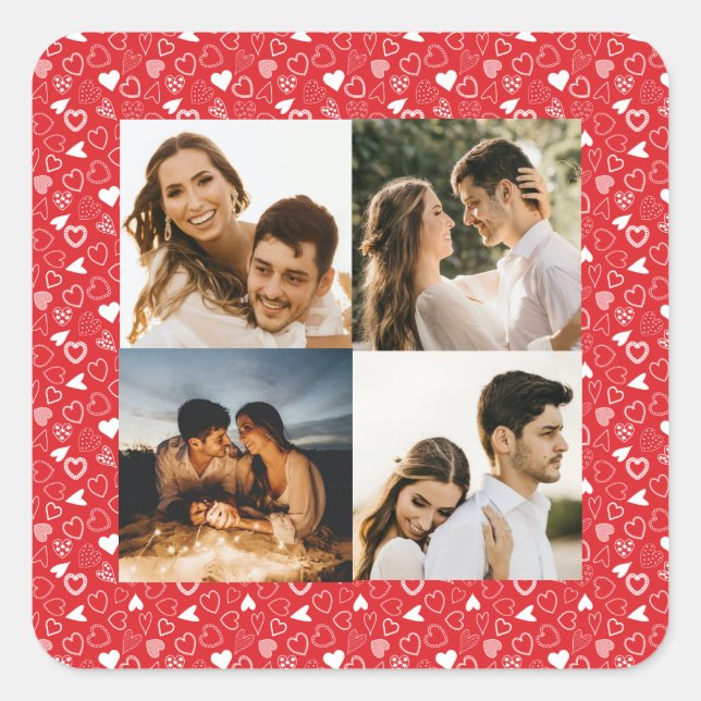 Personalized photo collage hearts pattern red square sticker (Front)