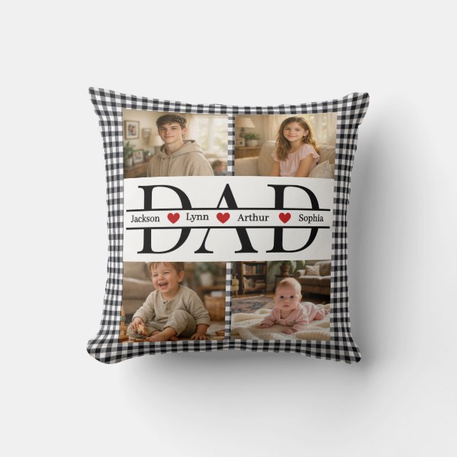 Personalized Photo Collage & Kids' Names "DAD" Throw Pillow (Front)