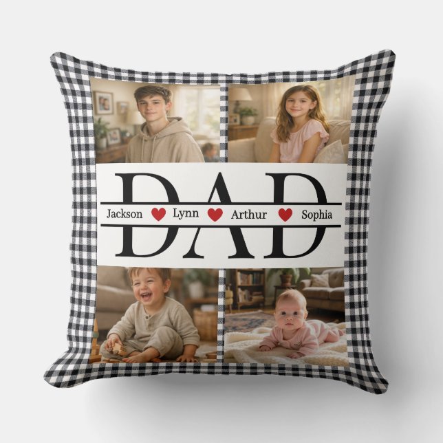 Personalized Photo Collage & Kids' Names "DAD" Throw Pillow (Front)