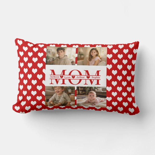 Personalized Photo Collage Mom Heart & Kids Name Lumbar Pillow (Front)
