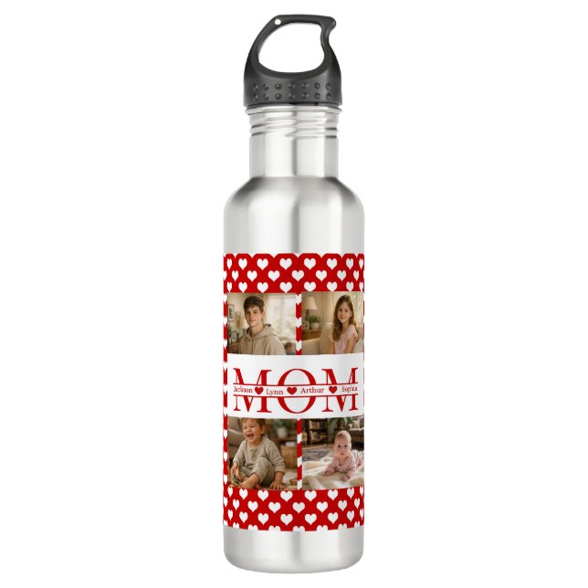 Personalized Photo Collage Mom Heart & Kids Name Stainless Steel Water Bottle (Front)