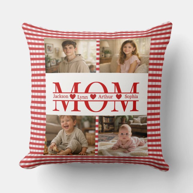 Personalized Photo Collage Mom Heart & Kids Name Throw Pillow (Front)