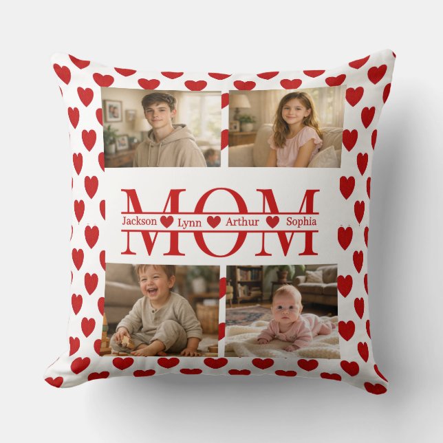 Personalized Photo Collage Mom Heart & Kids Name Throw Pillow (Front)