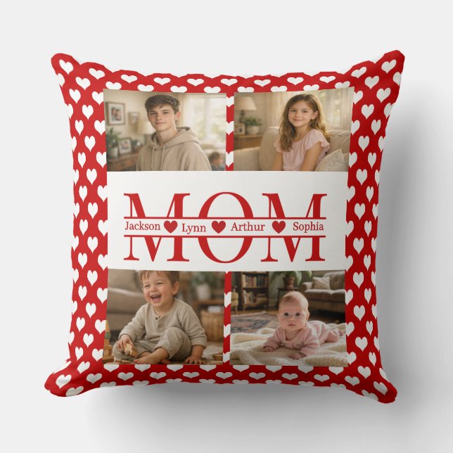 Personalized Photo Collage Mom Heart & Kids Name Throw Pillow (Front)