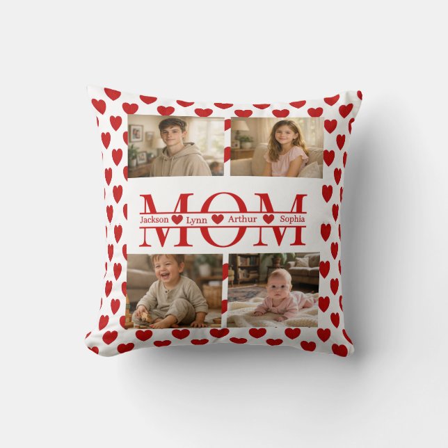 Personalized Photo Collage Mom Heart & Kids Name Throw Pillow (Front)