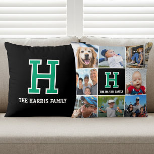 Personalized Photo Collage Monogram Green Black Throw Pillow