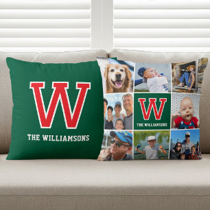 Personalized Photo Collage Monogram Green Red Throw Pillow