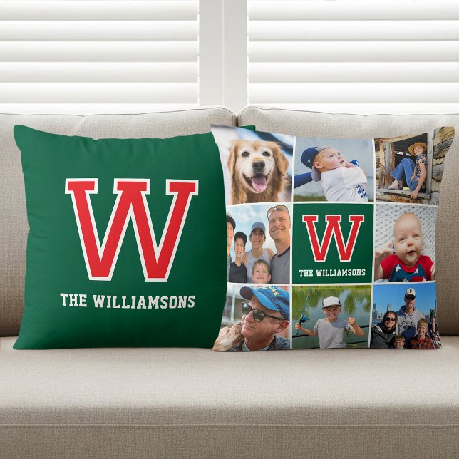 Personalized Photo Collage Monogram Green Red Throw Pillow (Creator Uploaded)
