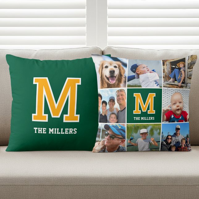 Personalized Photo Collage Monogram Green Yellow Throw Pillow (Creator Uploaded)