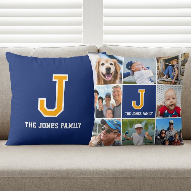Personalized Photo Collage Monogram Navy Yellow Throw Pillow (Creator Uploaded)