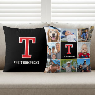 Personalized Photo Collage Monogram Red Black Throw Pillow