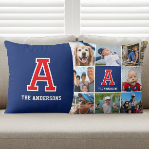 Personalized Photo Collage Monogram Red Navy Throw Pillow