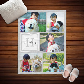 Personalized Photo Collage Monogrammed Gray Gift Fleece Blanket by cutencomfy at Zazzle