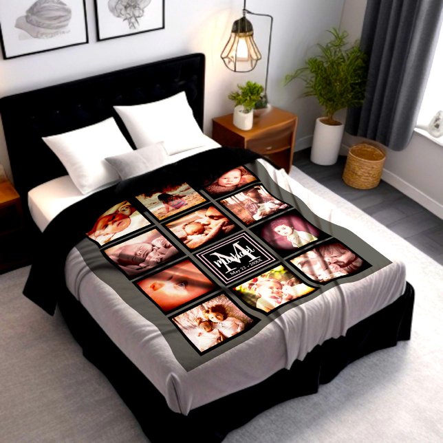 Personalized photo collage monogrammed initial   fleece blanket (Personalized photo collage blanket with name initial monogram)