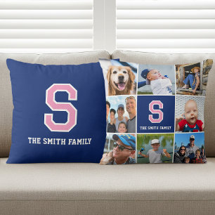Personalized Photo Collage Monogrammed Pink Navy Throw Pillow