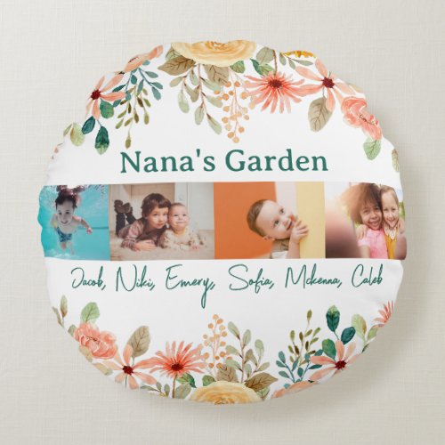 Personalized Photo Collage Nana Grandmas Garden  Round Pillow