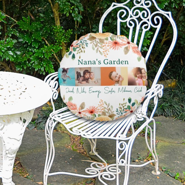 Personalized Photo Collage Nana Grandma's Garden  Round Pillow (Personalized Photo Collage Nana Grandma's Garden Round Pillow)