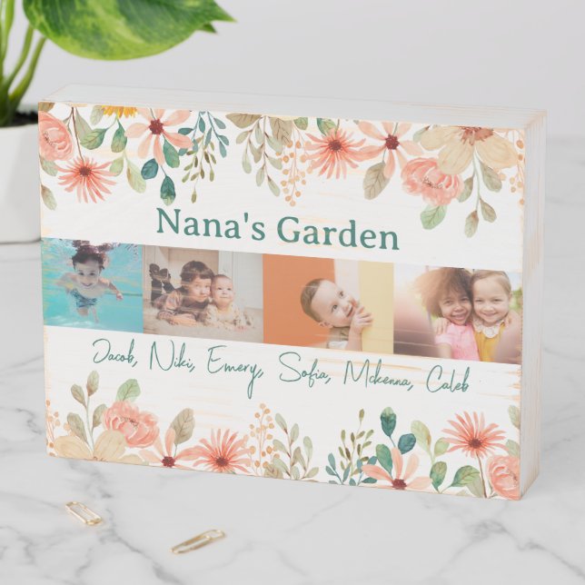 Personalized Photo Collage Nana Grandma's Garden  Wooden Box Sign (In Situ Horizontal)