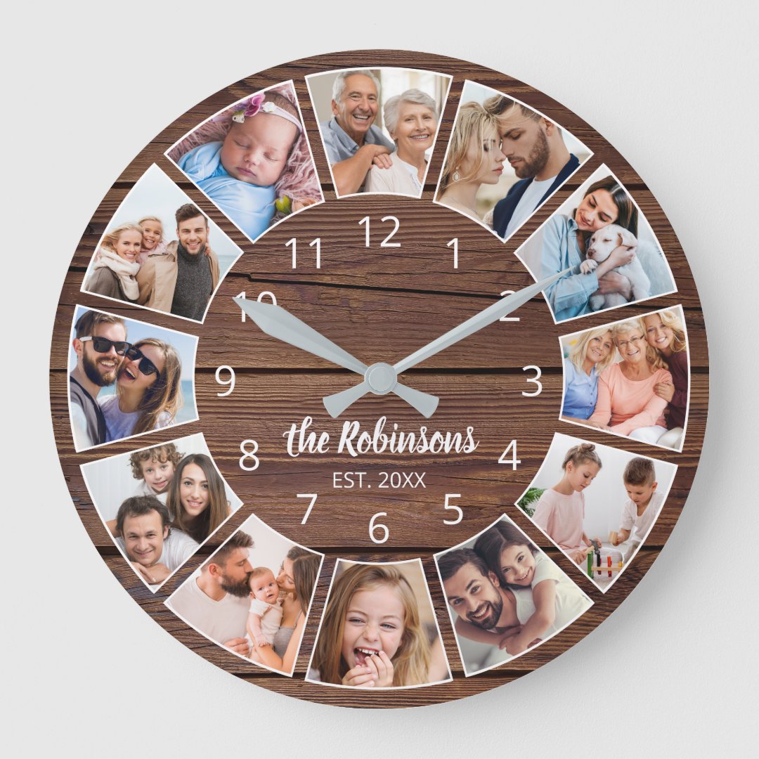 Personalized Photo Collage Natural Wood Family Large Clock | Zazzle