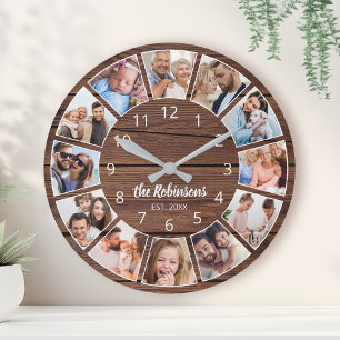 Personalized Photo Collage Natural Wood Family Round Clock