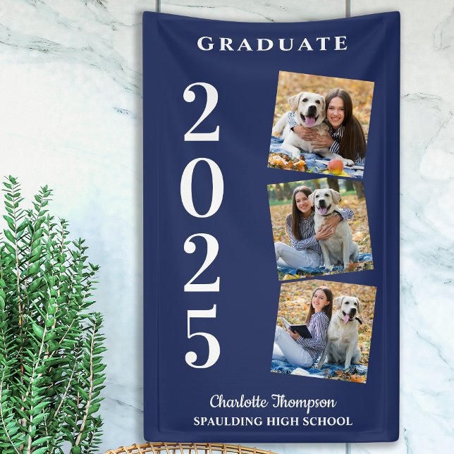 Personalized Photo Collage Navy Blue Graduation Banner (Creator Uploaded)