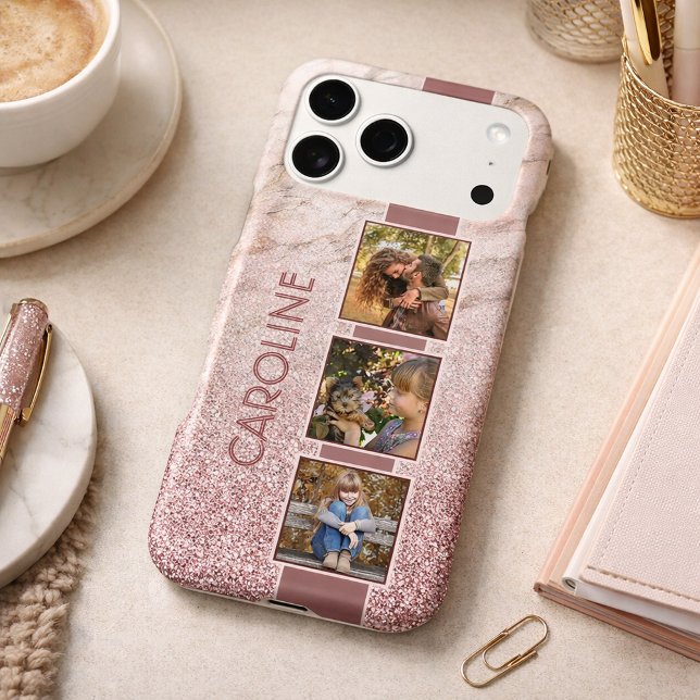 Personalized Photo Collage On Pink Marble Pattern Case-Mate iPhone Case (Creator Uploaded)