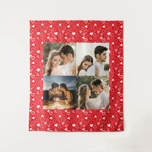 Personalized photo collage red Hearts pattern Tapestry (Front)