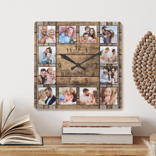 Personalized Photo Collage Rustic Wood Wine Barrel Square Wall Clock