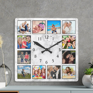 Personalized Photo Collage Stylish White Marble Square Wall Clock