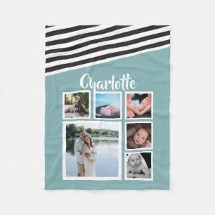 Personalized Photo Collage Teal Striped Unique Fleece Blanket