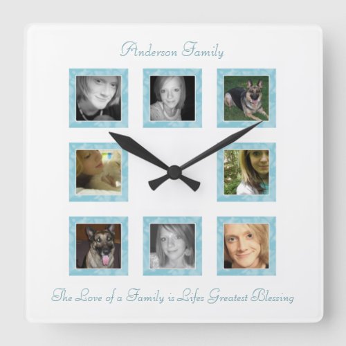 Personalized Photo Collage Wall Clock Blue Square Wall Clock