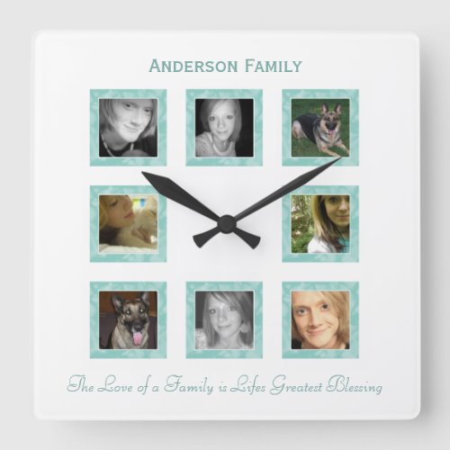 Personalized Photo Collage Wall Clock Green Square Wall Clock