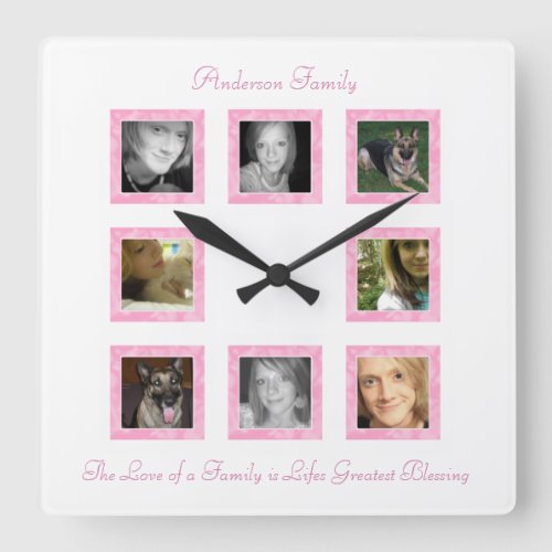 Personalized Photo Collage Wall Clock Pink Square Wall Clock