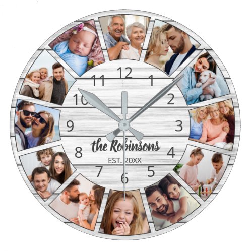 Personalized Photo Collage White Wood Family Large Clock