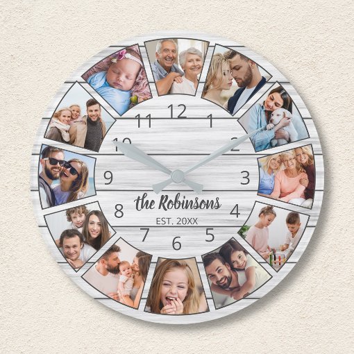 Personalized Photo Collage White Wood Family Large Clock | Zazzle